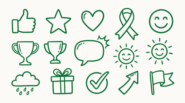 A collection of hand-drawn green outline icons representing positive concepts, achievements, weather, and communication symbols.