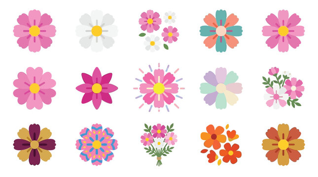 Collection of colorful and stylized floral illustrations with various petal shapes and arrangements.