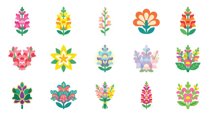 Collection of stylized floral motifs in various colors and shapes, inspired by folk art. © desiana
