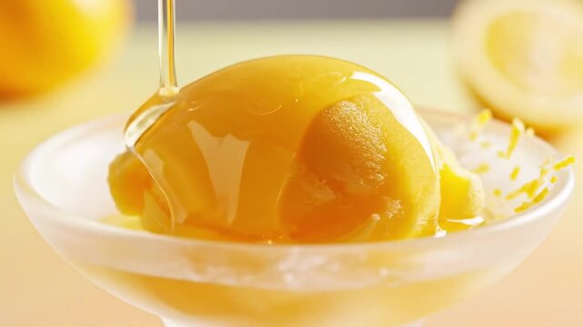topping drizzle motion shot of mango sorbet in a white dessert bowl, glossy citrus syrup pouring over bright yellow scoops with soft lemon backdrop, clean summer dessert food scene, fresh zesty mood