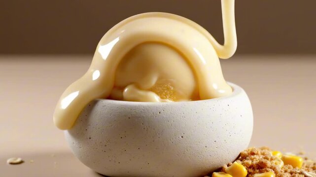 topping drizzle motion shot of vanilla ice cream in a speckled white bowl, pale creamy sauce folding over a smooth scoop with crumble and sweet corn garnish on a minimal table, elegant dessert detail