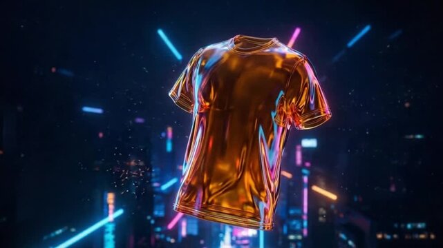 Radiant liquid gold t-shirt suspended in a vibrant neon-lit urban cityscape with streaks of light and particle effects, signifying dynamic movement and futuristic fashion design