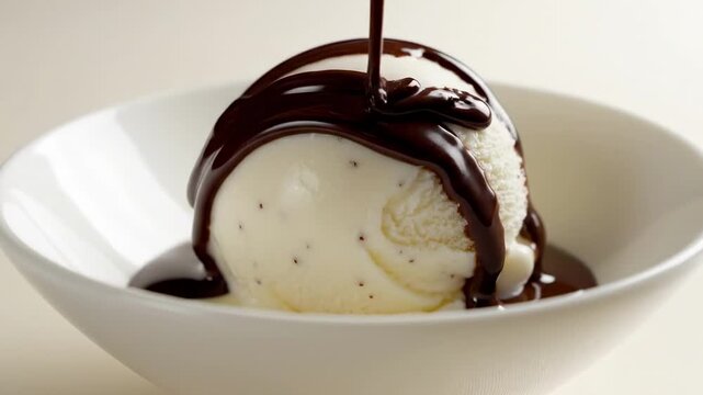 topping drizzle motion shot of vanilla bean ice cream in a white bowl, dark chocolate sauce streaming over a creamy scoop with simple bright studio styling, glossy dessert texture and clean plating
