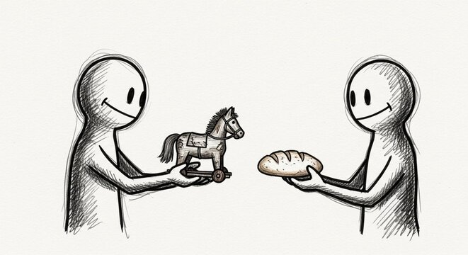 Two cartoon figures exchanging a toy horse and bread.