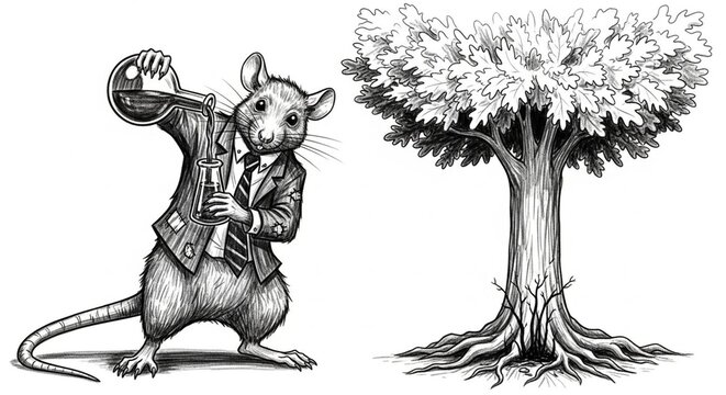 Whimsical anthropomorphic rat playing trumpet near large tree.