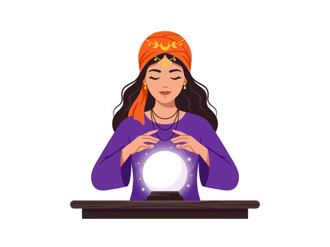 Beautiful Mystic Fortune Teller Woman Predicting Future with Glowing Crystal Ball, Vector Illustration