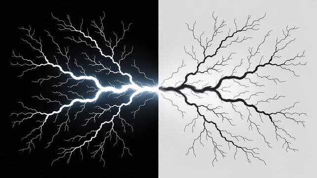 Lightning bolt illustration split screen dark and light contrast background with lightning electricity abstract contrast discharge background