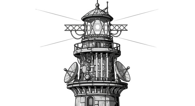 Detailed steampunk lighthouse illustration with advanced communication technology and intricate machinery, vintage scientific drawing
