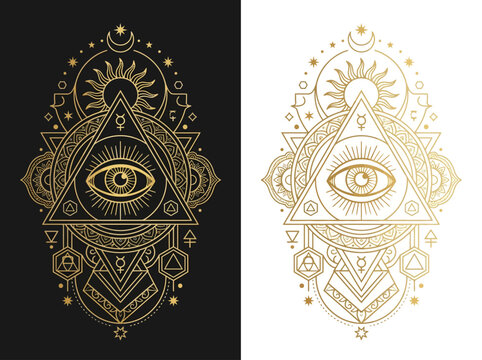Mystical All-Seeing Eye and Alchemy Symbols Set in Gold, Sacred Geometry Esoteric Illustrations for Tarot and Occult Design