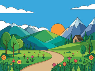 Fototapeta premium Vibrant Geometric Mountain Landscape Illustration with Sunrise, Winding Path, and Cozy Cabin in a Flowery Meadow