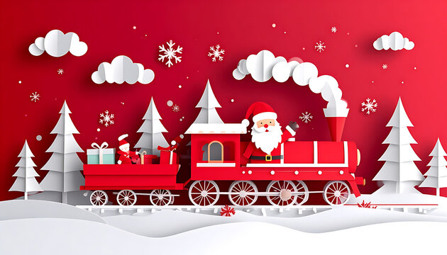 Santa Claus riding a red steam train through a snowy landscape with Christmas trees and falling snow, paper art style