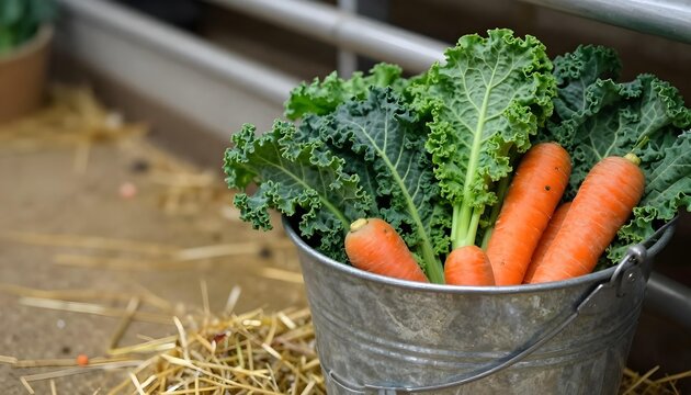Carrots and kale in a bucket, highlighting backyard biodiversity and educational experiences at an urban zoo