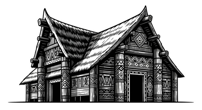 Ornate traditional indigenous wooden house illustration with intricate cultural carvings and thatched roof. Vintage ethnic tribal architecture artwork.