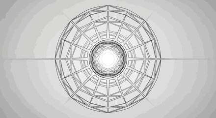 Naklejka premium Futuristic abstract wireframe tunnel with geometric sphere and bright light. Digital technology background in monochrome grey.