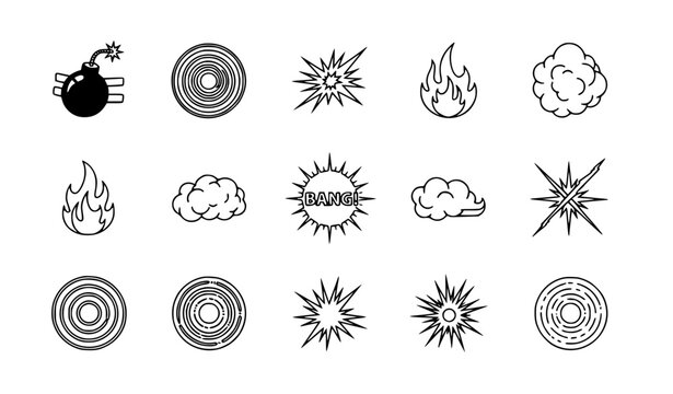Explosion line icon set with bomb blast impact fire smoke and crash symbols