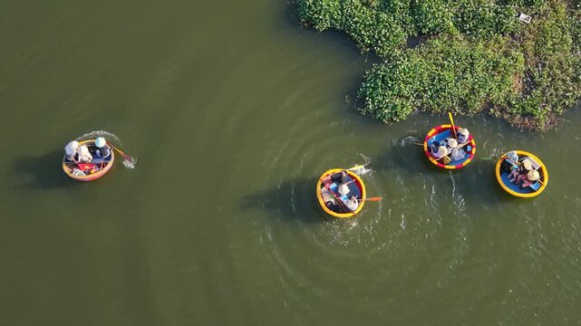 Local Boats Race. Traditional Boats Compete Amid Splashes And Ripples. Absolutely Thrilling Scene As Coracles Swiftly Circle Through Vibrant Water Amid Excited Cheers And Splashes