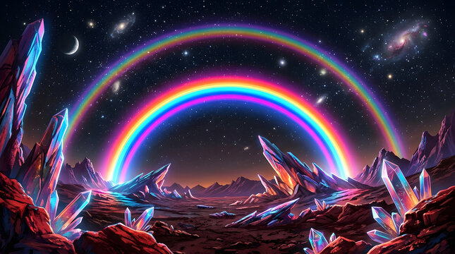 A spectacular glowing double rainbow arching over a surreal futuristic alien landscape filled with jagged crystals under a starry night sky.