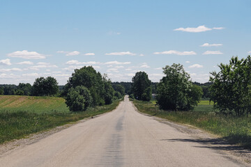 Naklejka premium Empty rural road stretching through countryside landscape. Scenic route between fields and trees under blue sky. Peaceful transportation concept in agricultural region.