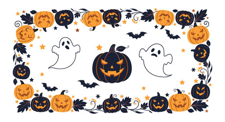 Obraz premium Festive Halloween border design featuring various pumpkins, jack-o-lanterns, white ghosts, and black bats on a white background for decor.