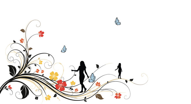 Black silhouettes of women walking on a wavy ground surrounded by elegant floral scrolls and colorful butterflies on a white background.