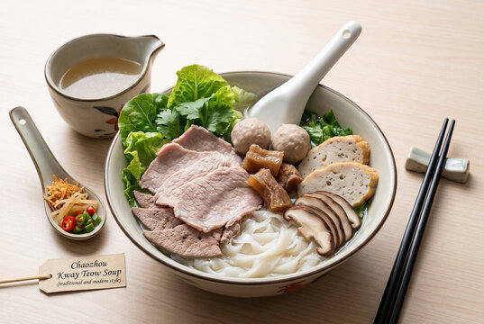 Authentic Teochew Flat Rice Noodle Soup with Fresh Greens and Side Condiments