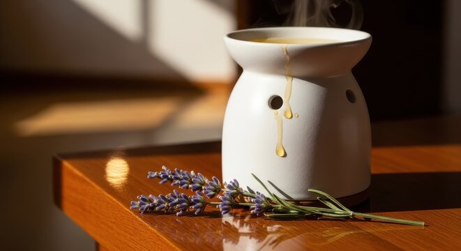 White ceramic essential oil diffuser with dripping liquid and lavender sprigs on a wooden surface.