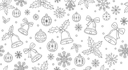 Obraz premium Seamless Christmas holiday pattern featuring black and white outlines of festive bells, ornaments, holly leaves, and delicate snowflakes.