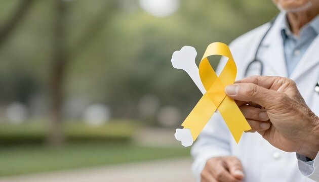 A doctor holds a yellow ribbon, symbolizing Sarcoma Awareness Month and support for bone cancer and soft tissue sarcoma