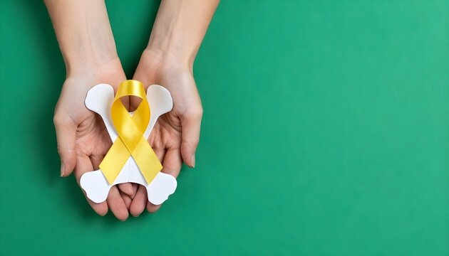 A pair of hands grasp a yellow ribbon and a bone, representing awareness for sarcoma and bone cancer in July