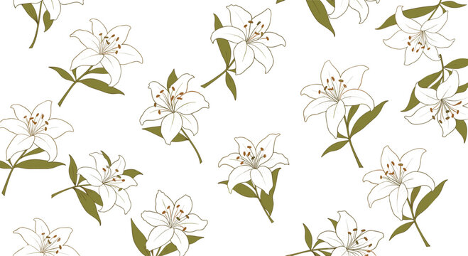 Seamless floral pattern displays elegant white lily blossoms with green stems in a repeating botanical wallpaper design.