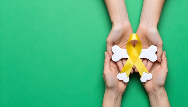 Yellow ribbon and bone held by hands, emphasizing awareness for soft tissue sarcoma and osteosarcoma in July