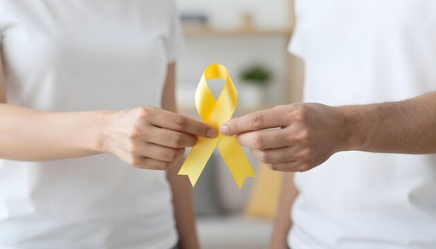 A man and woman display a yellow ribbon, representing awareness for sarcoma and bone cancer during July Health Awareness