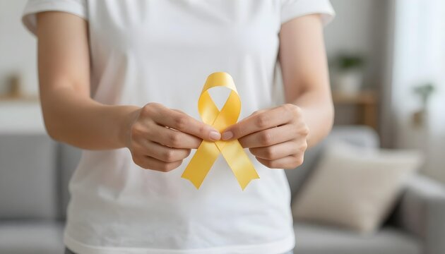 A man and woman hold a yellow ribbon, symbolizing Sarcoma Awareness Month and support for bone cancer awareness