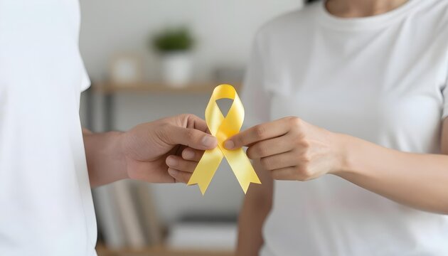 A man and woman with a yellow ribbon, highlighting Sarcoma Awareness Month and promoting awareness for soft tissue sarcoma