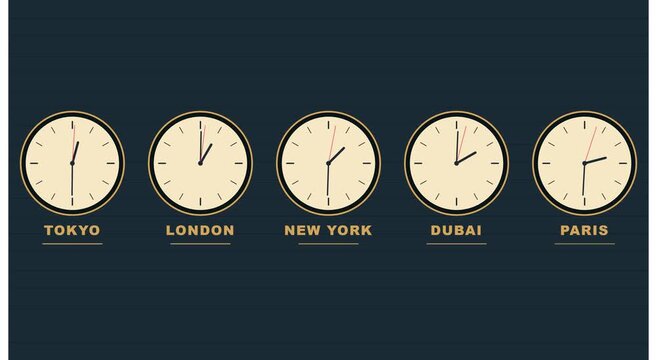 Time zone clocks showing global business hours animation