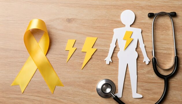 A yellow ribbon and stethoscope on a wooden table, representing awareness for sarcoma and bone cancer in July