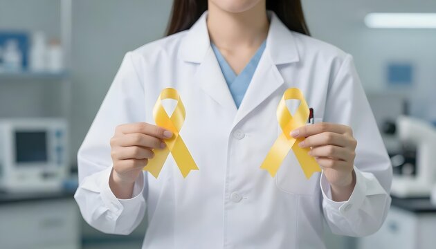 A woman in a lab coat displays a yellow ribbon, representing awareness for soft tissue sarcoma and osteosarcoma in July
