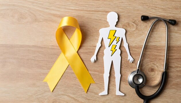 Yellow ribbon and stethoscope on a wooden table, symbolizing Sarcoma Awareness Month and bone cancer awareness