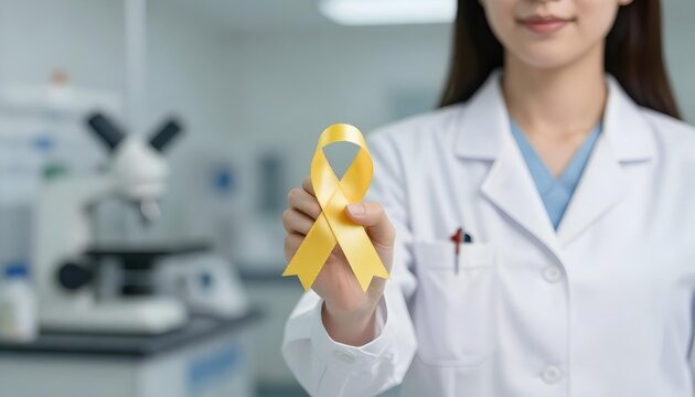 A woman in a lab coat stands with a yellow ribbon, promoting awareness for sarcoma and bone cancer during July's health campaign