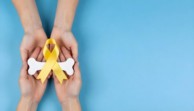 A pair of hands clutching a yellow ribbon and a bone, highlighting awareness for soft tissue sarcoma and osteosarcoma