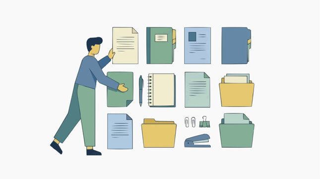 Person arranging documents and office supplies; elements aligning smoothly, creating a sense of productivity and organization, all against a pure white background.