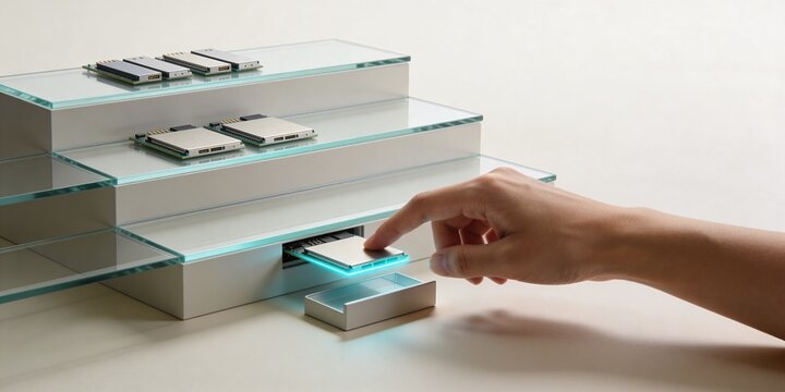 Selected technology module on glass review shelf with hand inspection ledge cyan glow and wide copy space for business review header