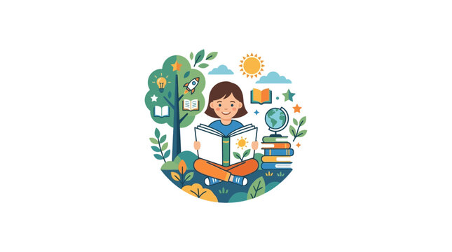 Child Reading Book Outdoors, Learning and Imagination