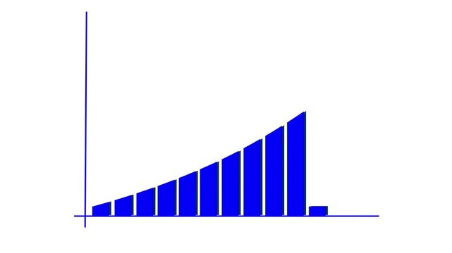 Exponential growth bar chart animation shows business success on white background with blue pillars and rising arrow trend line indicating financial performance and profit margin increase