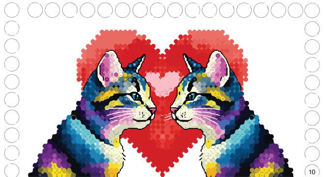 Pixel art cats in love with red heart, retro 8-bit kitten illustration, colorful cross stitch embroidery style feline vector for Valentine's Day