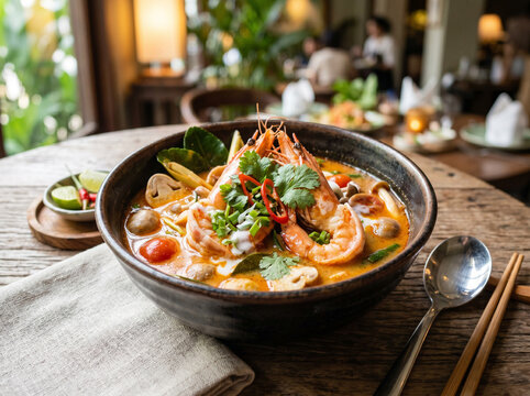 Authentic Thai Tom Yum Soup with Shrimp, Mushrooms, and Fresh Herbs
