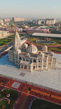 Aerial Drone Shot of Prem Mandir in Daylight, Vrindavan, Mathura, India
