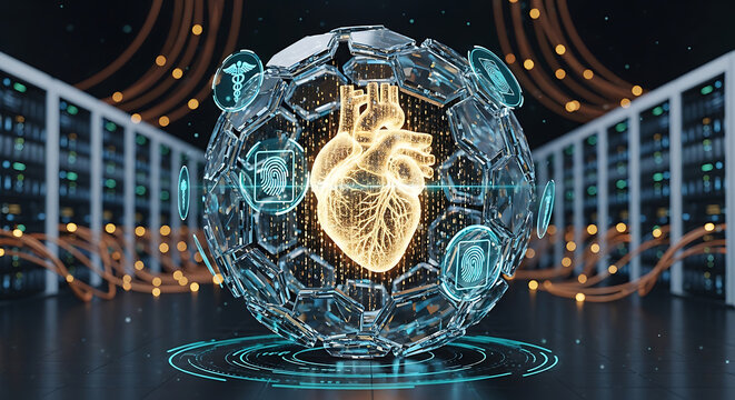 Digital Human Heart and Biometric Icons Enclosed in Protective Sphere for HIPAA Compliance Medical Data Security and Patient Privacy in a Data