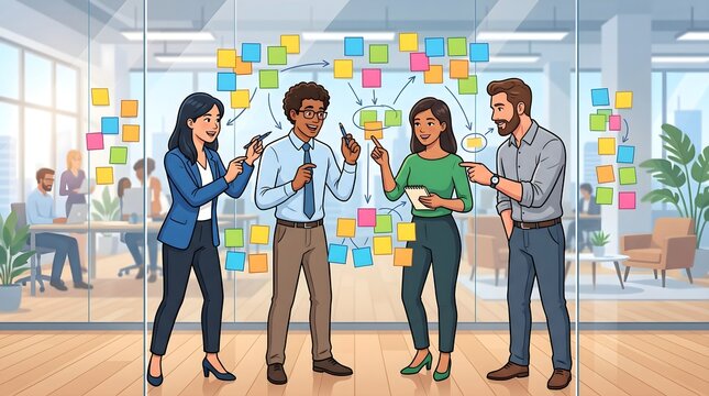 Creative business team brainstorming with colorful sticky notes on a glass wall.