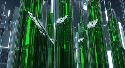 Fototapeta premium Abstract futuristic cityscape with towering green glass structures and metallic feather-like elements.